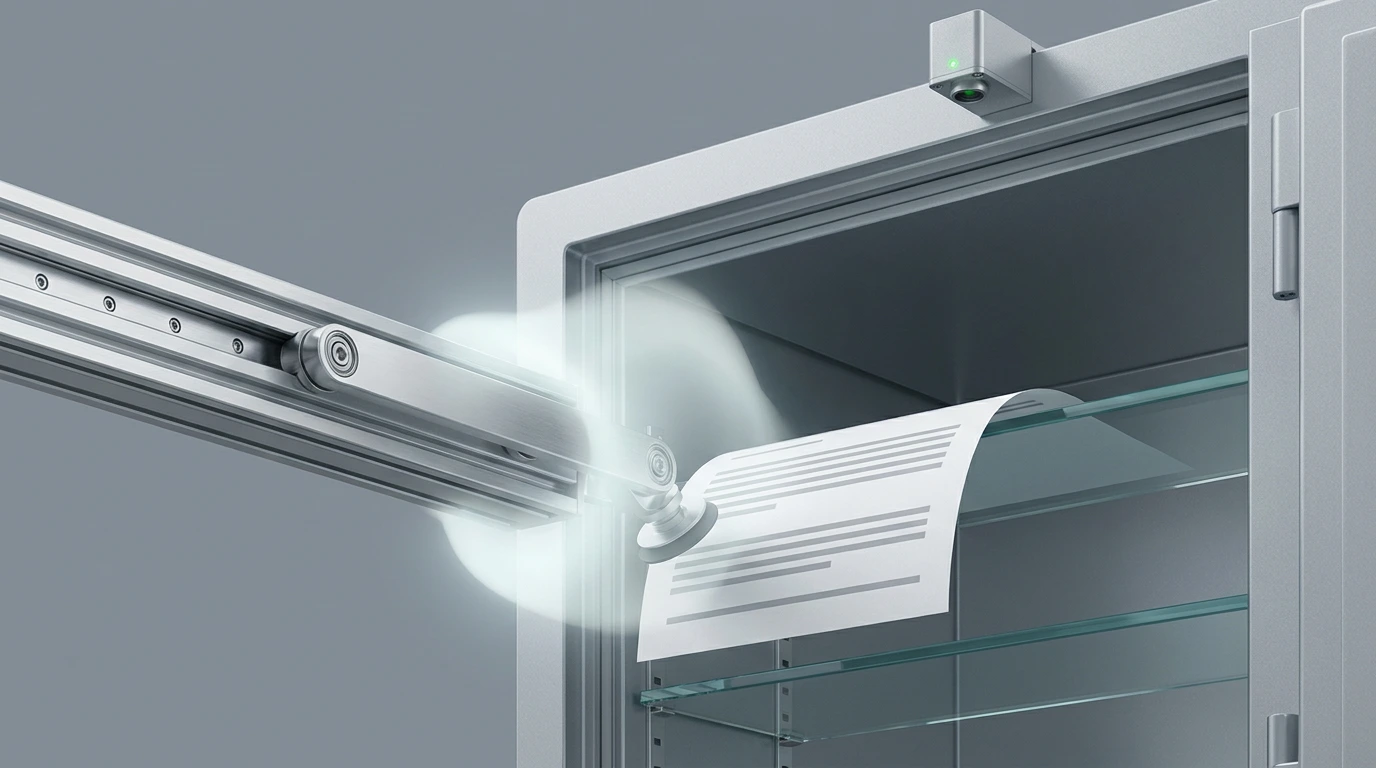 A precision linear rail and vacuum plate lifting a written document from a glass-shelved vault, a gathering of pale light resting at the working head where the action happens.