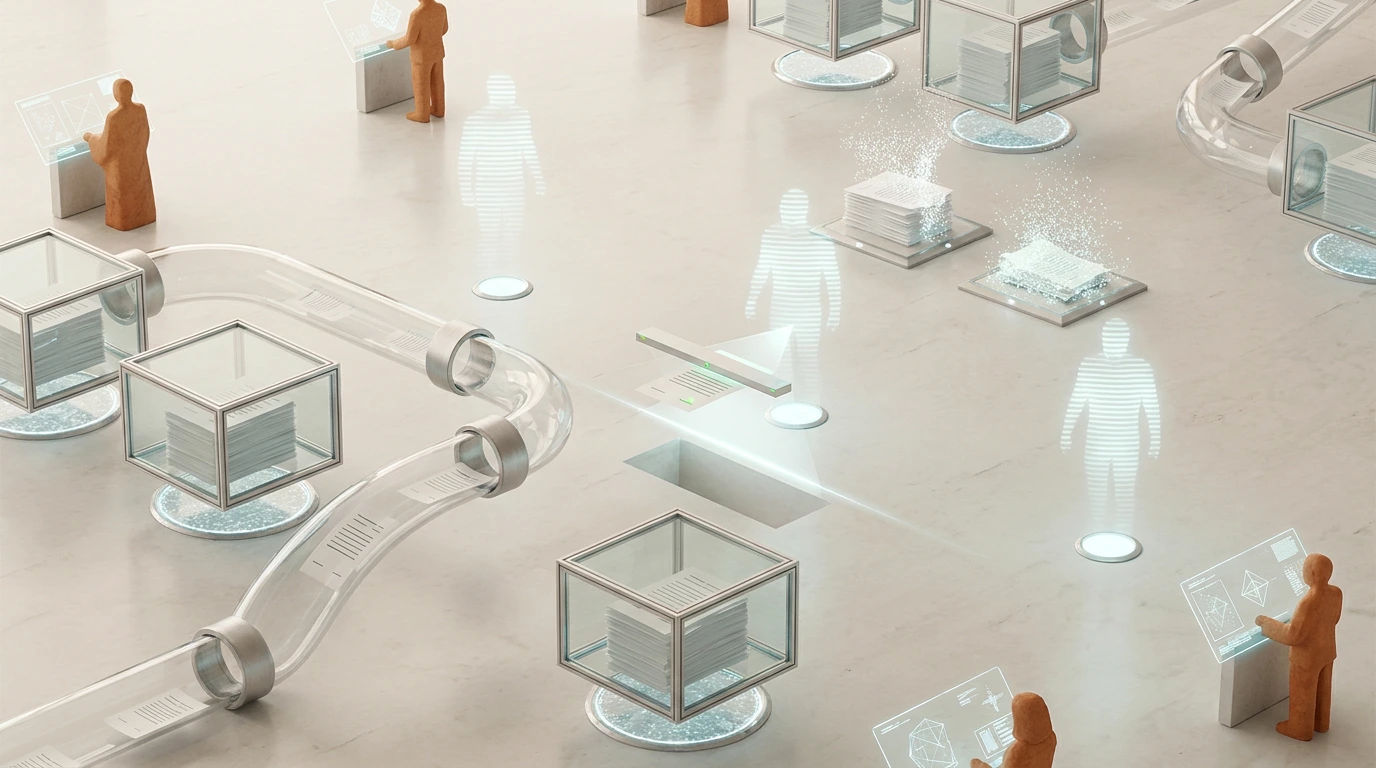 A wide facility floor seen from above: vaults floating in ranks over their pads, holographic agents standing at stations, transport lines carrying documents between them.
