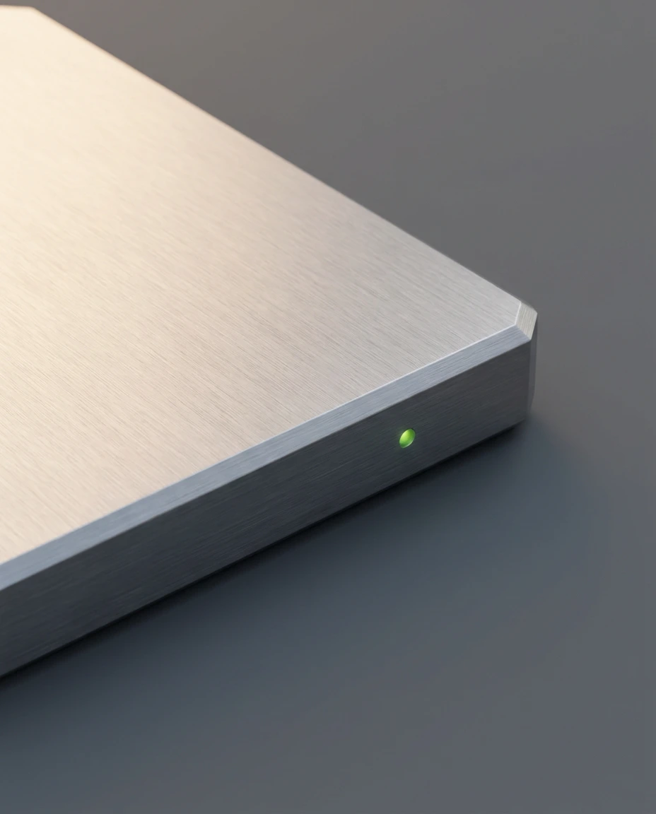 One compact drive stands at rest on a surface, a single small green indicator lit low on its near face.