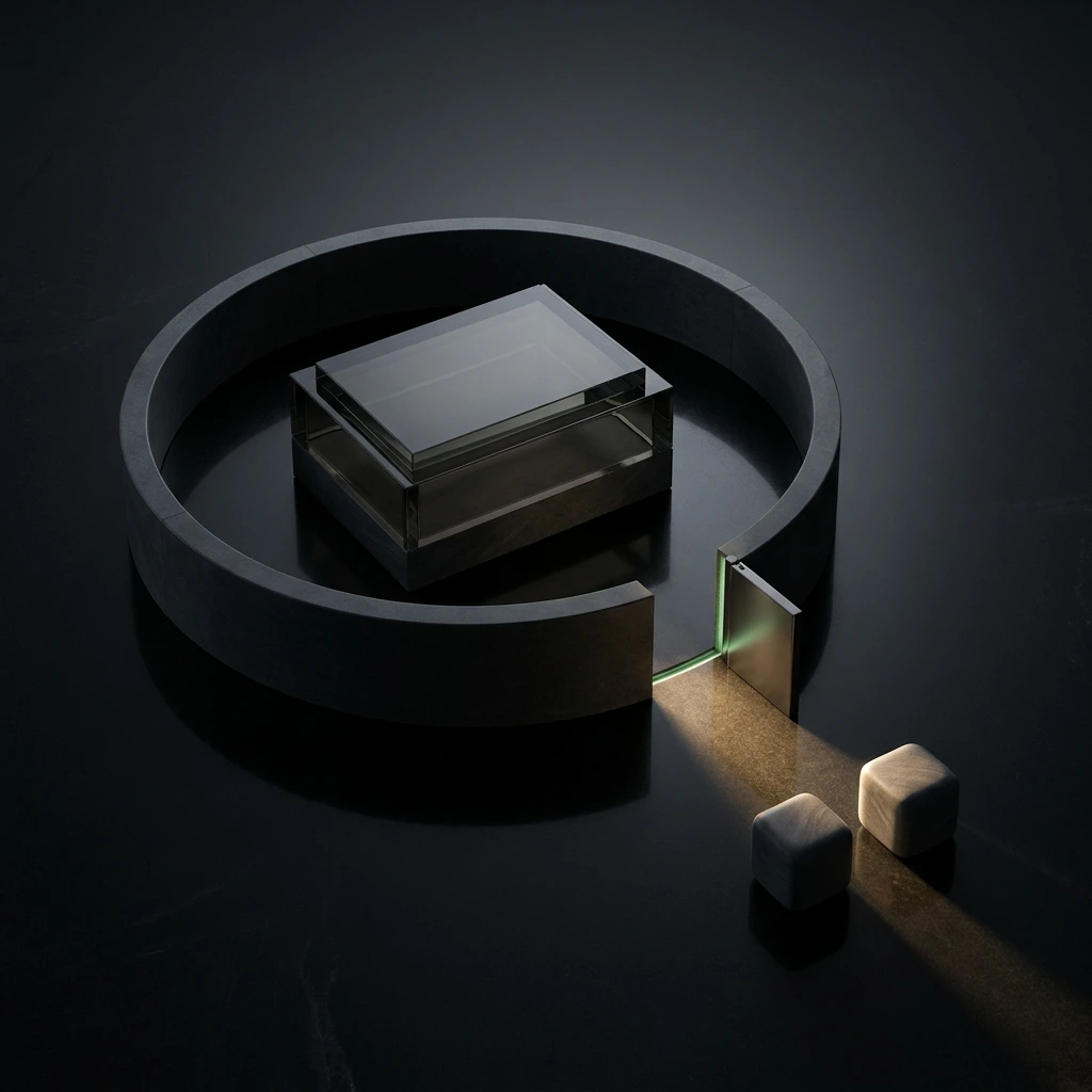 In near darkness, a heavy dark ring encloses a glass case. One narrow door in the ring stands open and throws a single beam of light outward to two small blocks waiting in it; the rest of the ring stays shut.