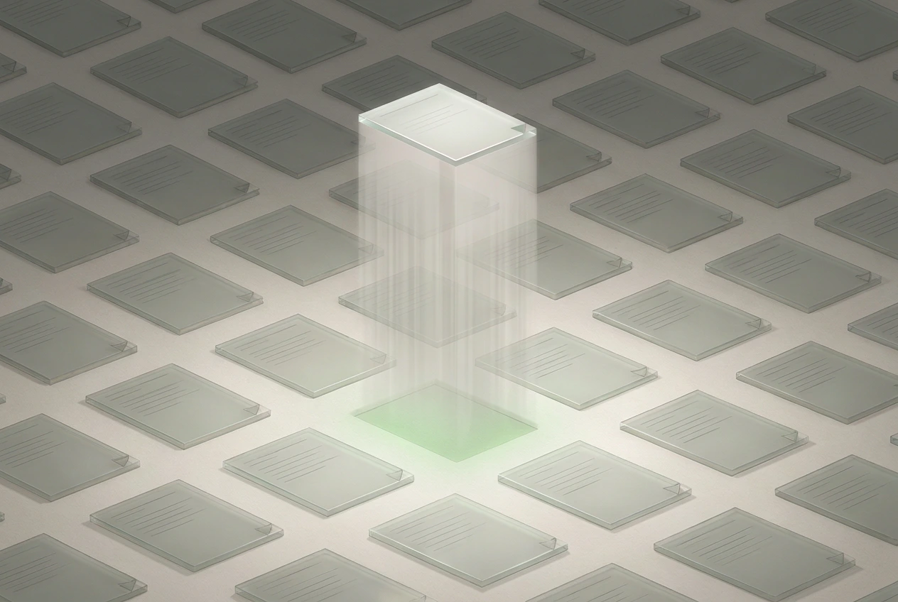 A wide field of dim, identical note tiles laid out in rows. One tile has risen clear of the field and is lit bright, hovering above the green-glowing gap it came from.