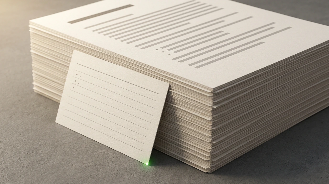 A slight ruled index stands in front of a deep stack of written pages, plainly derived from them and plainly the lesser object.