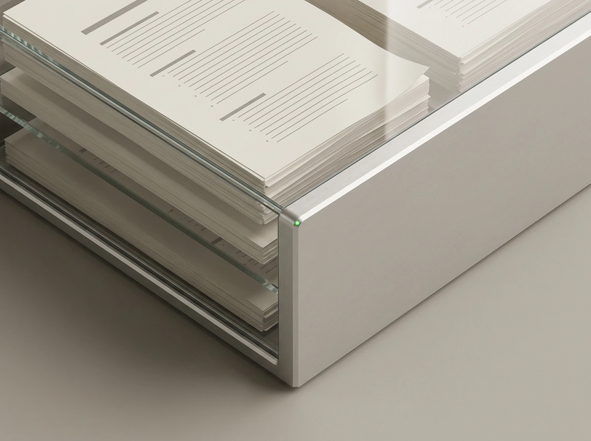 The Lyt vault form standing shut and sealed on a plain surface, closed and private.