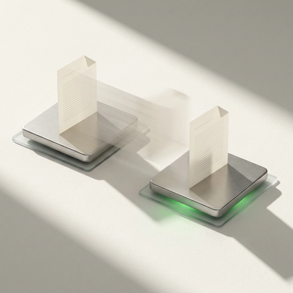 Two brushed-metal pads on a pale surface, each holding one upright page. A blurred trail runs from the page on the left pad across to the right pad, whose base glows green.
