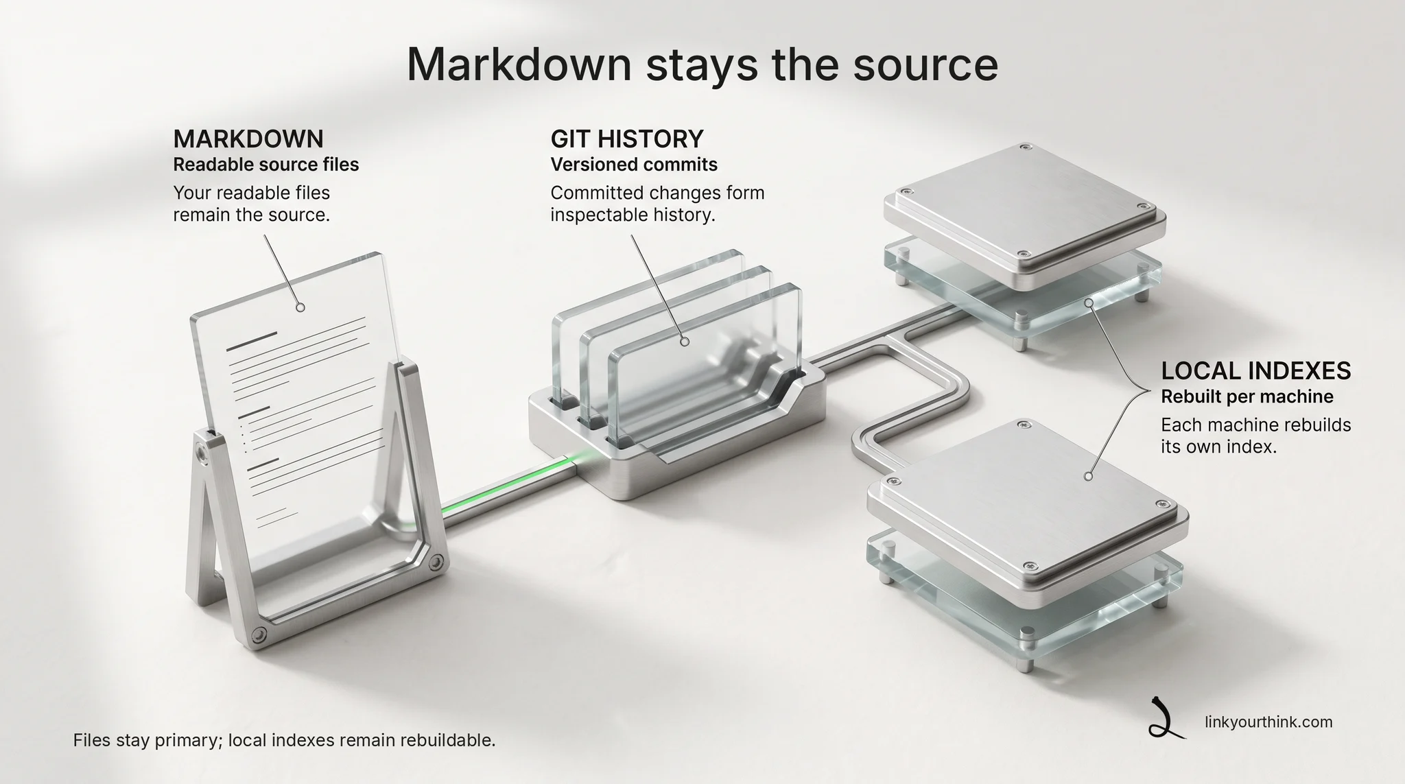 Markdown sheets remain the source: readable files feed versioned Git history and per-machine rebuildable local indexes.