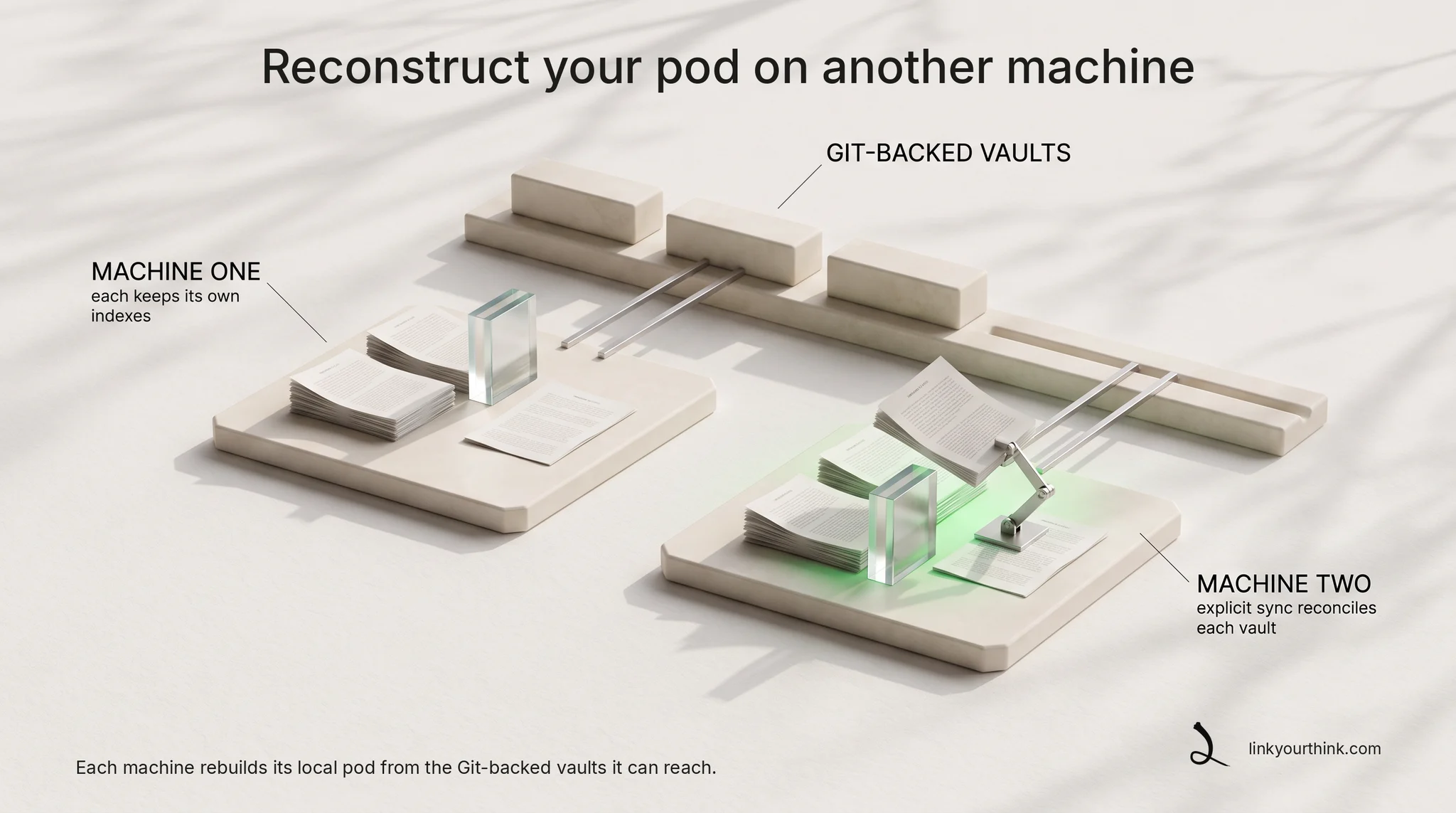 Two machines as separate plateaus, each with its own pod cluster, manifest sheet, and indexes; separate bridges reach the shared Git-backed vaults — no hub, no machine-to-machine link. Repeat this reconstruction on each additional machine.