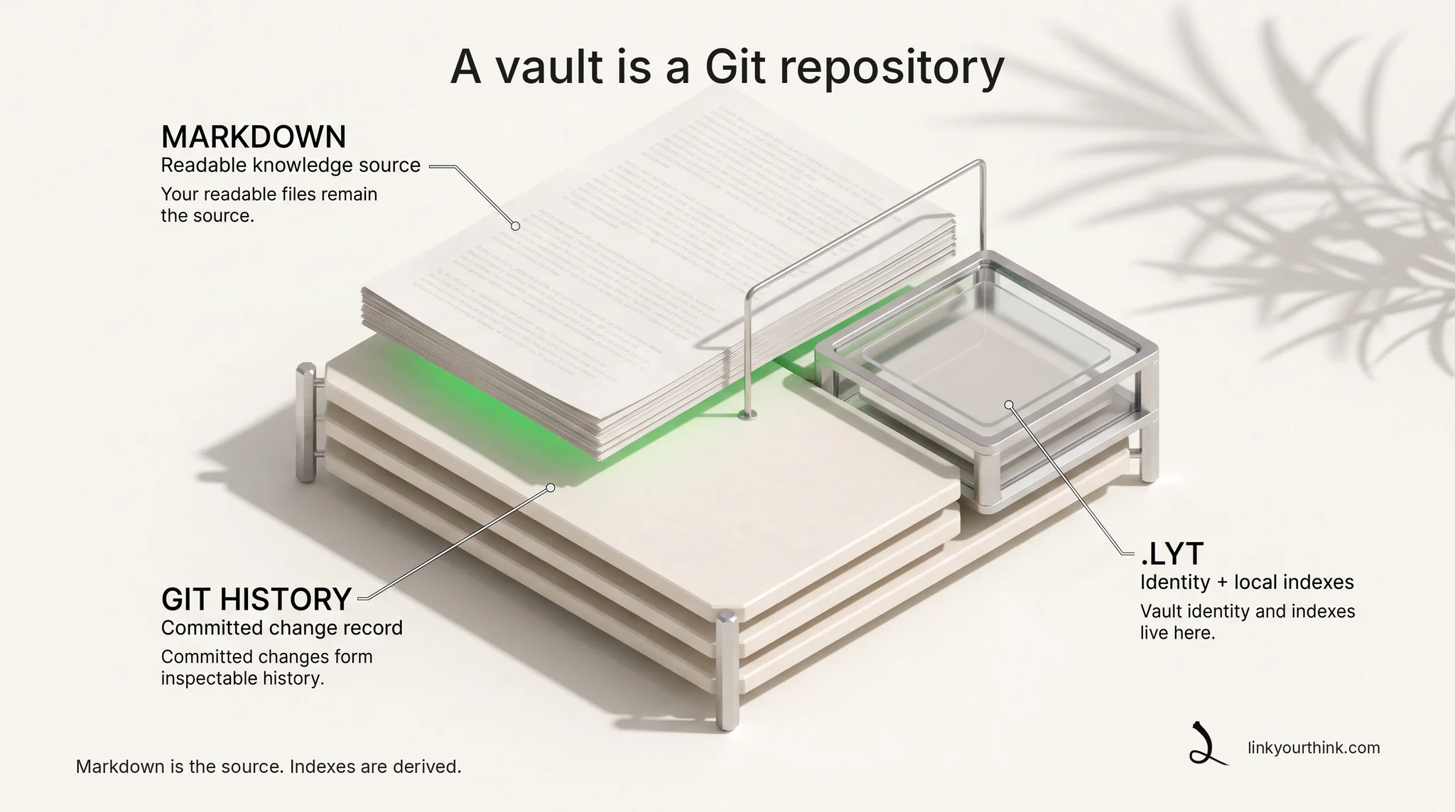 A vault opened as a physical exhibit: markdown sheets as the base plates, with the derived local records and indexes layered above them.